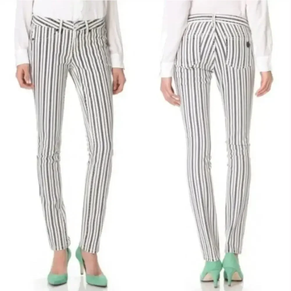 Tory Burch Women's Striped Denim Marlien Leggings Navy White Size 28